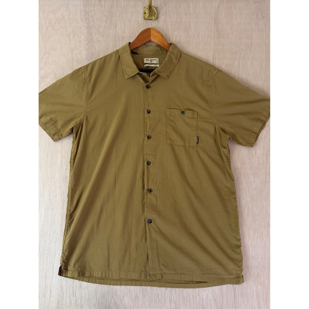Billabong Mens Core Fit Stretch Short Sleeve Button Down Shirt Olive Mustard L